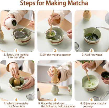 Matcha Set, Japanese Tea Set Includes Matcha Bowl with Spout, Matcha Whisk Holder, Bamboo Matcha Whisk and Bamboo Scoop, 17 oz Mottled Green Glaze Ceramic Matcha Kit for Tea Lovers