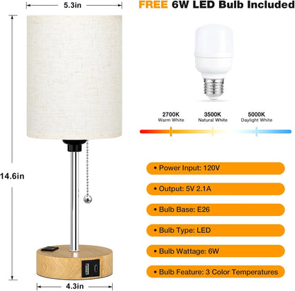 Small Bedside Table lamp for Bedroom - 3 Color Temperatures Bedside Lamps with USB C and A Ports, Pull Chain Table Lamps with AC Outlet, White Nightstand Lamps with Black Metal Base for Kids Reading