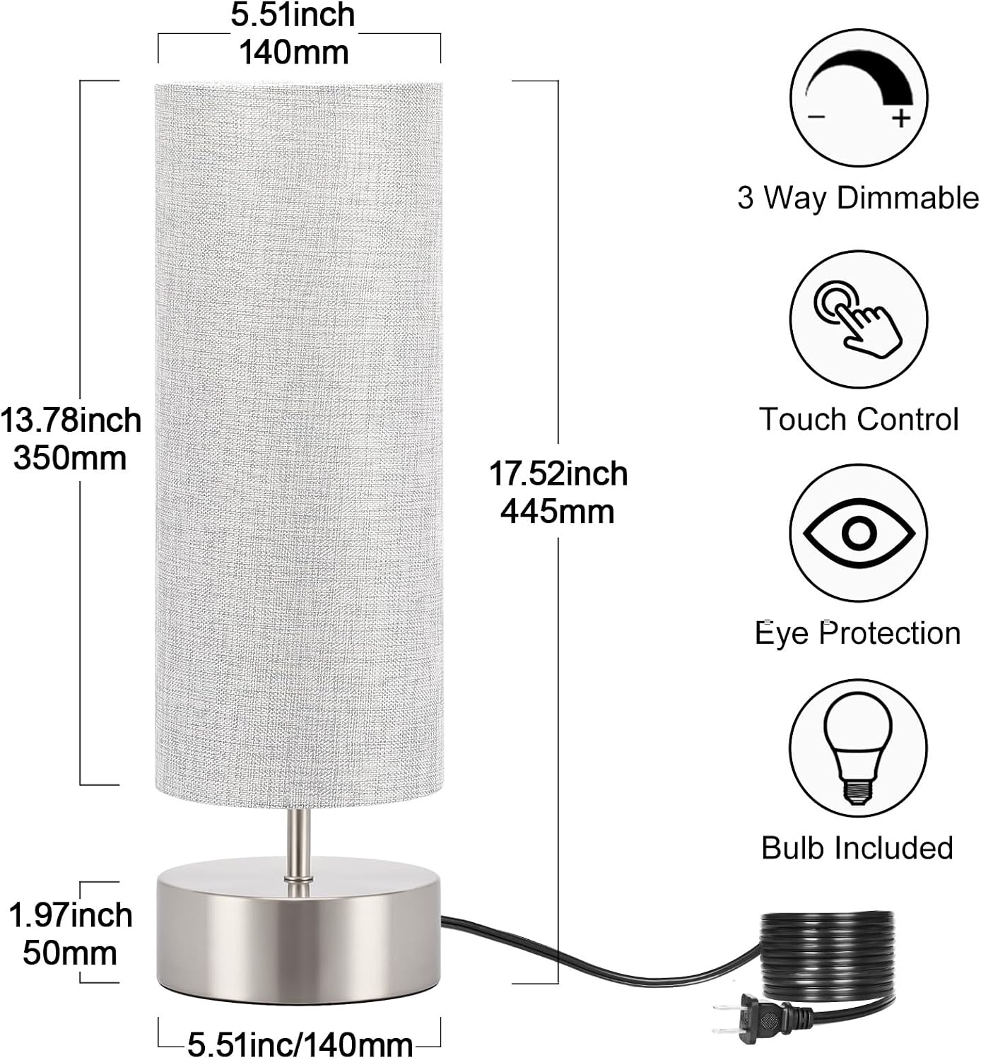 Touch Table Lamp, 3-Way Dimmable Modern Minimalist Accent Bedside Lamp with Cylinder Fabric Shade, Night Light Nightstand Desk Lamp for Bedroom Living Room Kitchen, 9W LED Bulb Included