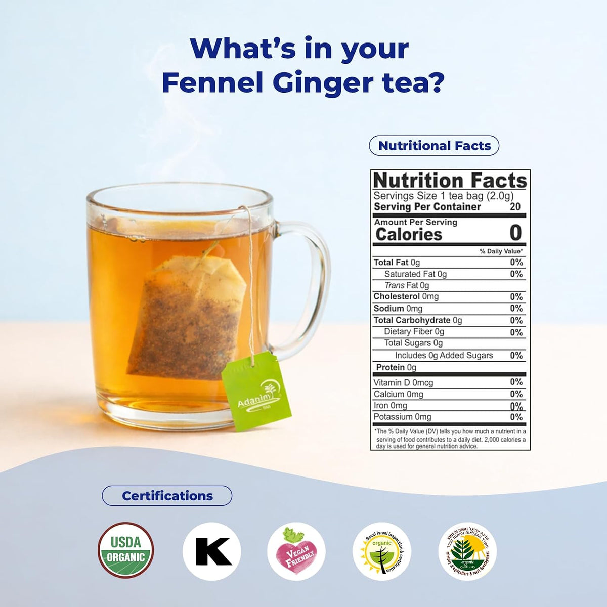 Adanim Bio Organic Fennel Ginger Herbal Tea | Caffeine Free Herbal Blend with Peppermint & Licorice Root | Stomach Ease Tummy Tea | Supports Healthy Digestion | 20 Individually Wrapped Tea Bags