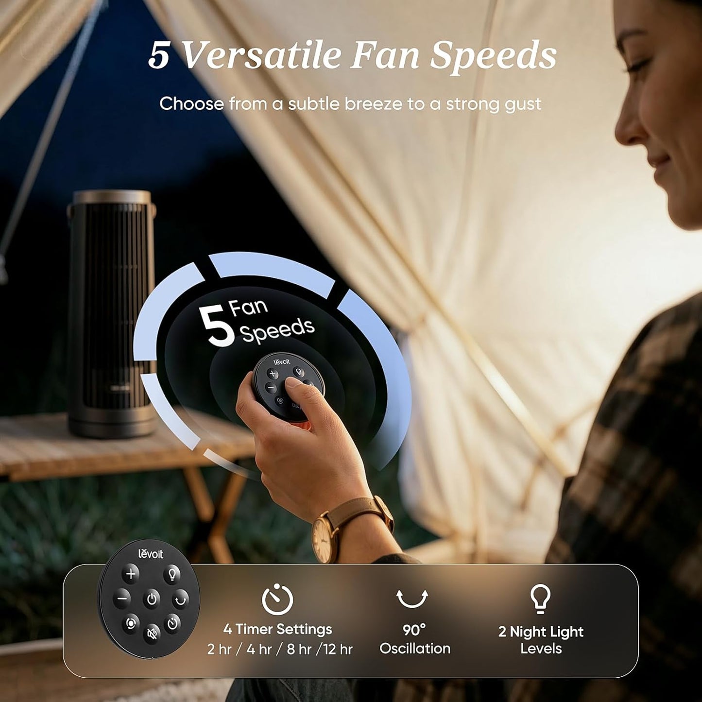 LEVOIT Tower Fan for Bedroom, 20dB Quiet Desk Fan with 23ft/s, Portable & Easy to Carry, 3-Angle & 5-Speed Mini Oscillating Fan, DC Motor, Bladeless, Remoter, 12H Timer, for Home, Room, Office, White