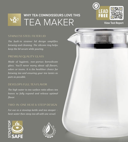 Teabloom One-Touch Tea Maker, 2-in-1 Teapot and Kettle with Stainless Steel Filter Lid for Loose Tea – Stain-Free Borosilicate Glass Teapot (27 Oz) – Tea Connoisseur's Choice