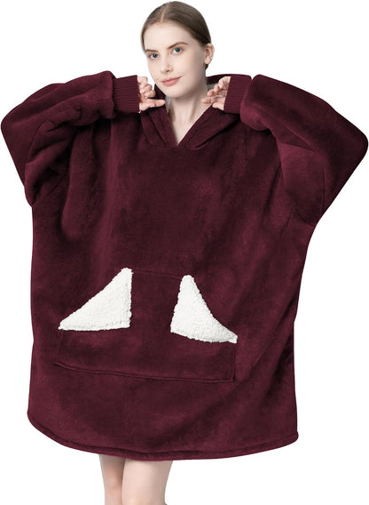 Touchat Wearable Blanket Hoodie, Oversized Sherpa Blanket Sweatshirt with Hood Pocket and Sleeves, Super Soft Warm Plush Hooded Blanket for Adult Women Men, One Size Fits All (Pink)