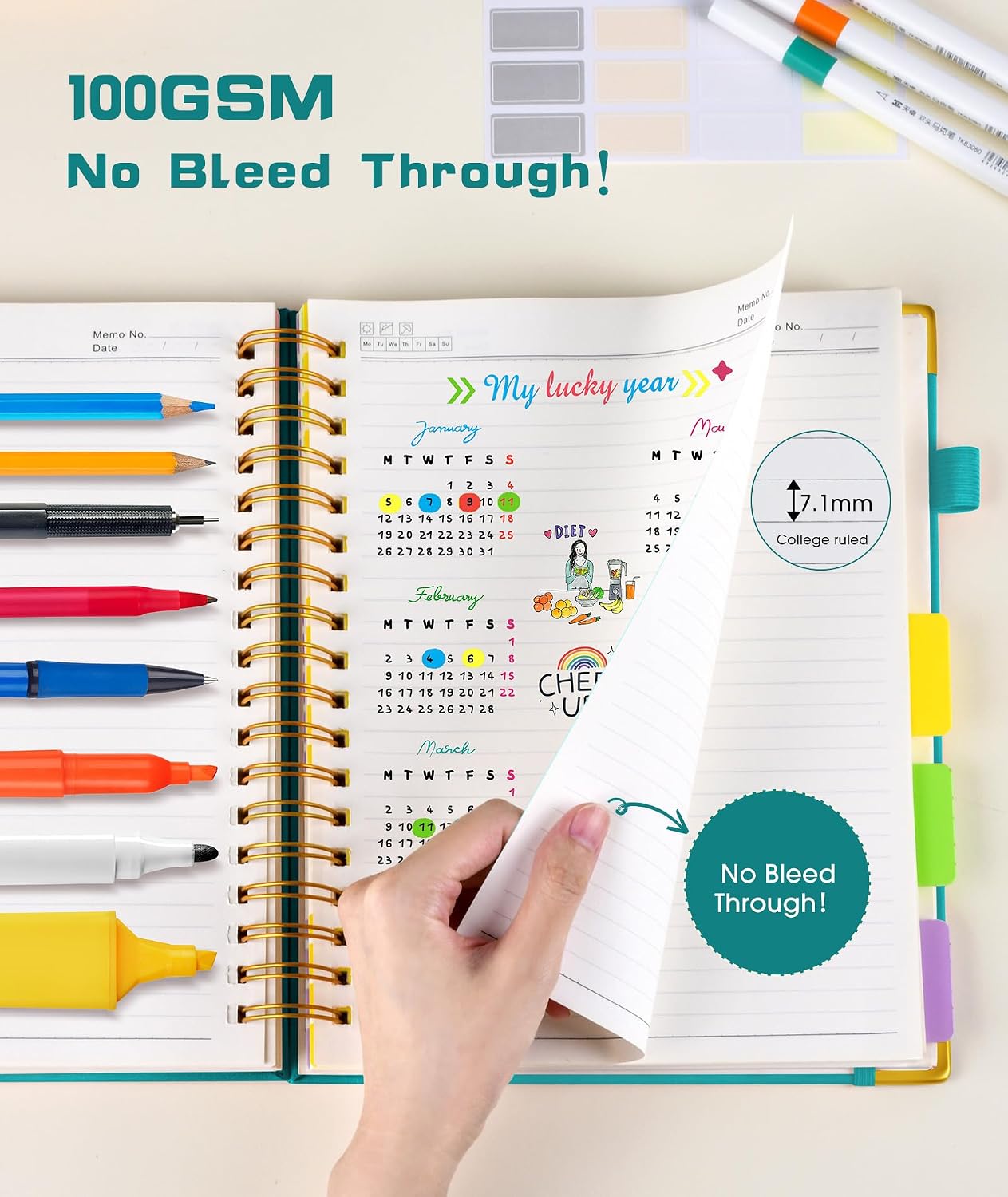 Hardcover Spiral Notebook journal with Removable Dividers Tabs, 300 Pages Leather 5 Subject Notebook College Ruled, 8"x10" Large B5 Notebooks for Work School Note taking, Lined Journal for Women,Black