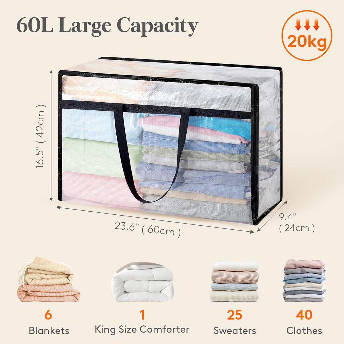 Lifewit Clear Storage Bags, 45L Clothes Organizer with Zipper