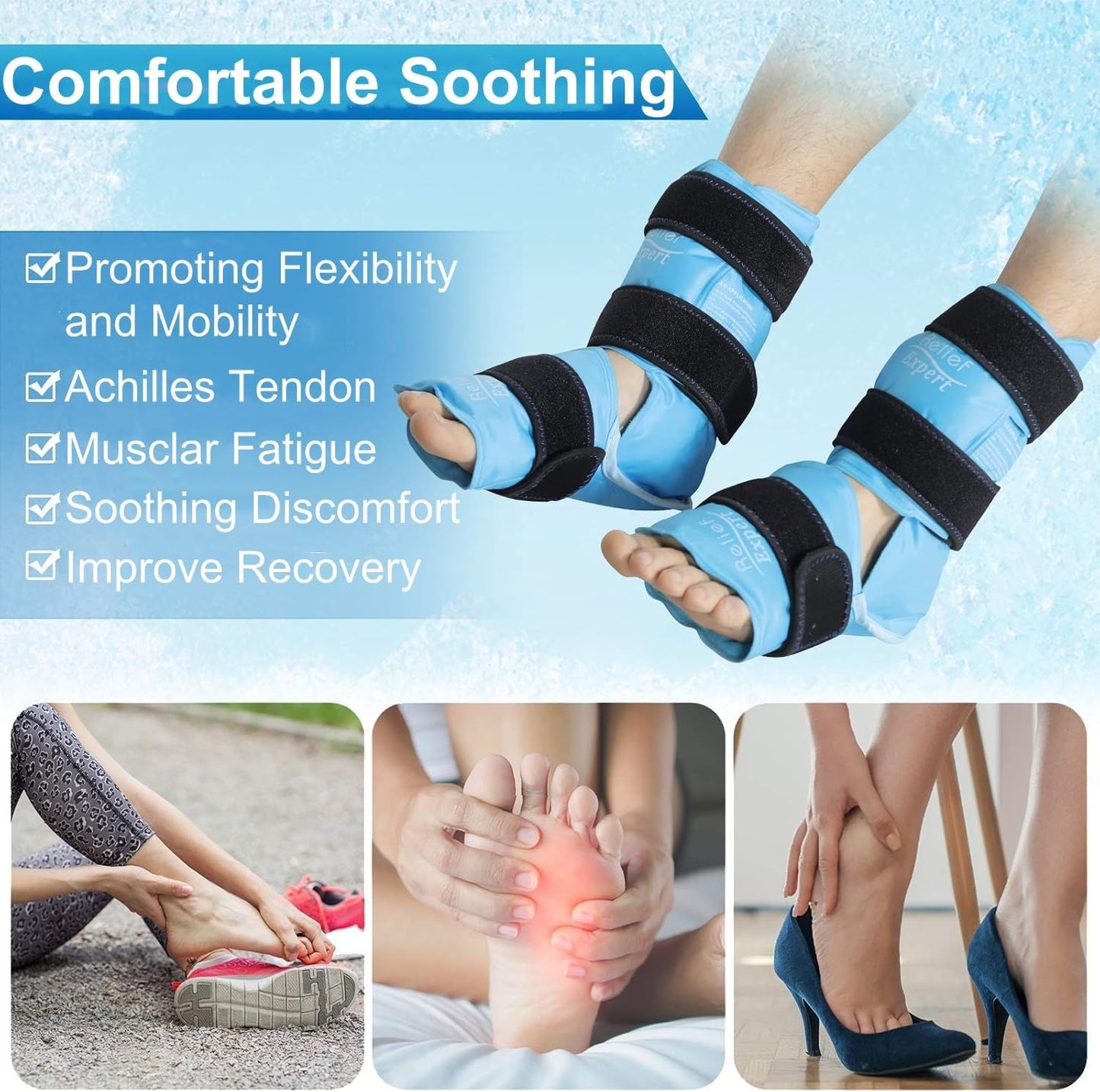Relief Expert Ankle Ice Pack Wrap – Reusable Cold Gel Pack for Foot and Heel, Dual-Sided Design with Soft Plush Lining, Flexible Cold Compress for Achilles and Ankle Support, Blue