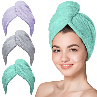 Hicober Microfiber Hair Towel Wrap, Fast Drying Hair Towels for Women, Soft Lightweight Quick Dry Turban for Curly & Long Hair–3 Pack(Blue/Grey/Pink)