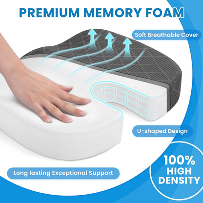 TushGuard Seat Cushion - Memory Foam Sitting Pillow for Office Chair, Car Seat, Airplane, Bleacher - Sciatica & Hip & Coccyx Pain Relief Desk Chair Cushion for Long Sitting Office Workers, Car Drivers