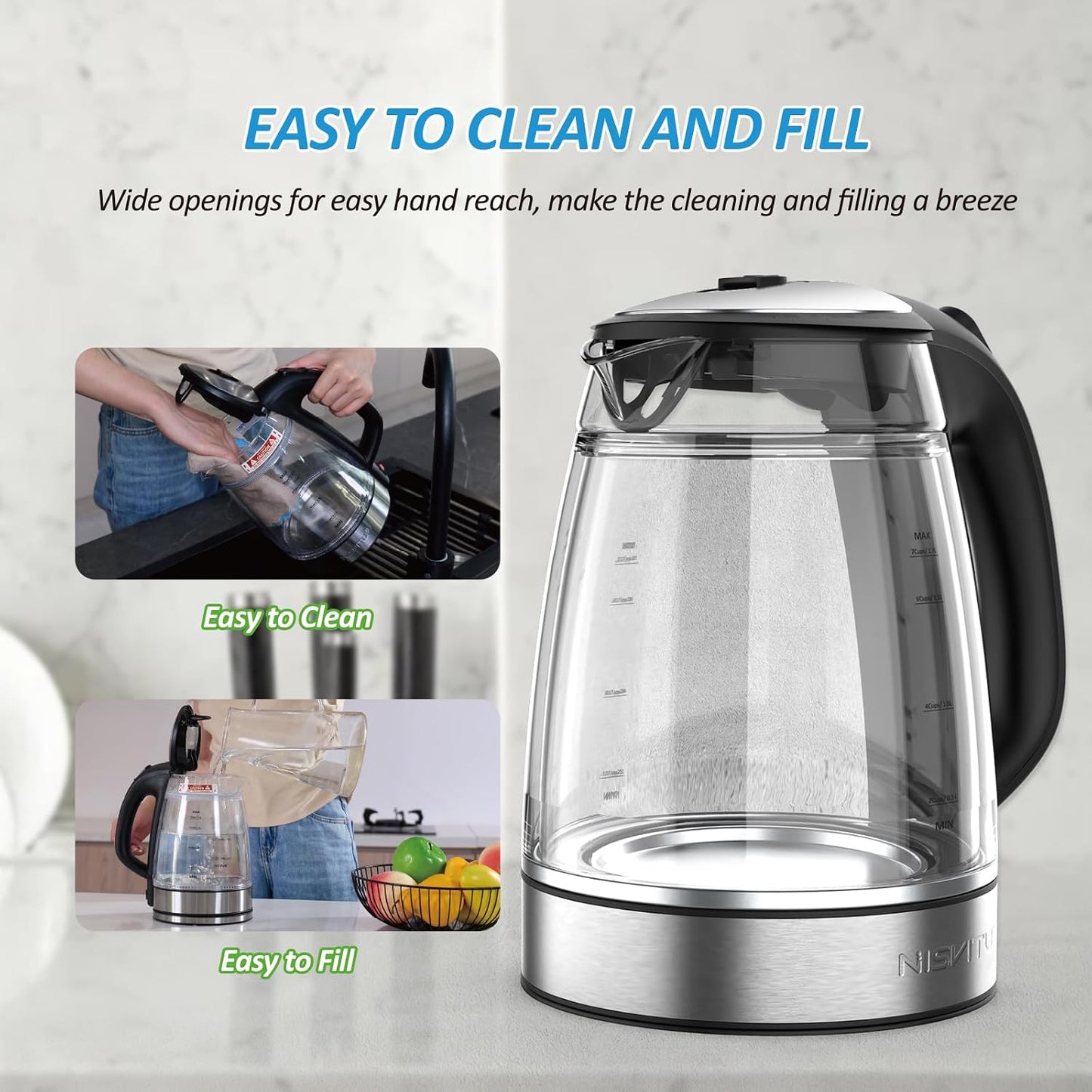 NISVITU 1.7L Dual Wall Cool Touch Electric Kettle, BPA-Free Borosilicate Glass Inner, PC Outer, 1500W Fast Boil Cordless Hot Water Boiler & Electric Tea Kettle, Keep Warm, Auto Shut-Off, White