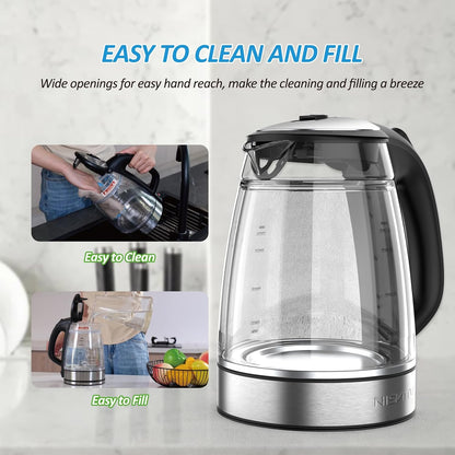 NISVITU 1.7L Dual Wall Cool Touch Electric Kettle, BPA-Free Borosilicate Glass Inner, PC Outer, 1500W Fast Boil Cordless Hot Water Boiler & Electric Tea Kettle, Keep Warm, Auto Shut-Off, White