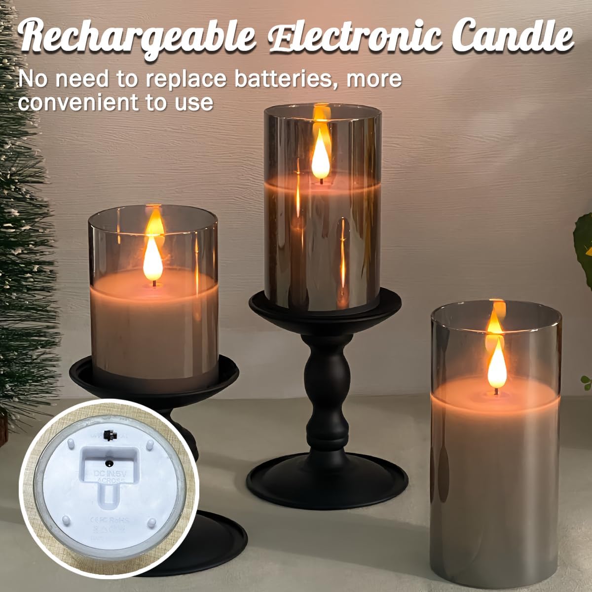 LEDHOLYT Rechargeable Flameless Glass Pillar Candles–Gifts for Women,–Set of 3, Realistic Flickering LED Flame,Remote & Timer, Ideal for Living Room, Bedroom & Halloween Festival Home Party Decor