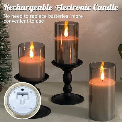 LEDHOLYT Rechargeable Flameless Glass Pillar Candles–Gifts for Women,–Set of 3, Realistic Flickering LED Flame,Remote & Timer, Ideal for Living Room, Bedroom & Halloween Festival Home Party Decor