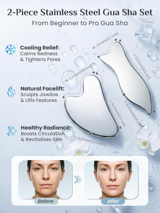 Rena Chris 2PCS Gua Sha Facial Tools, Stainless Steel Guasha Tool- Silver