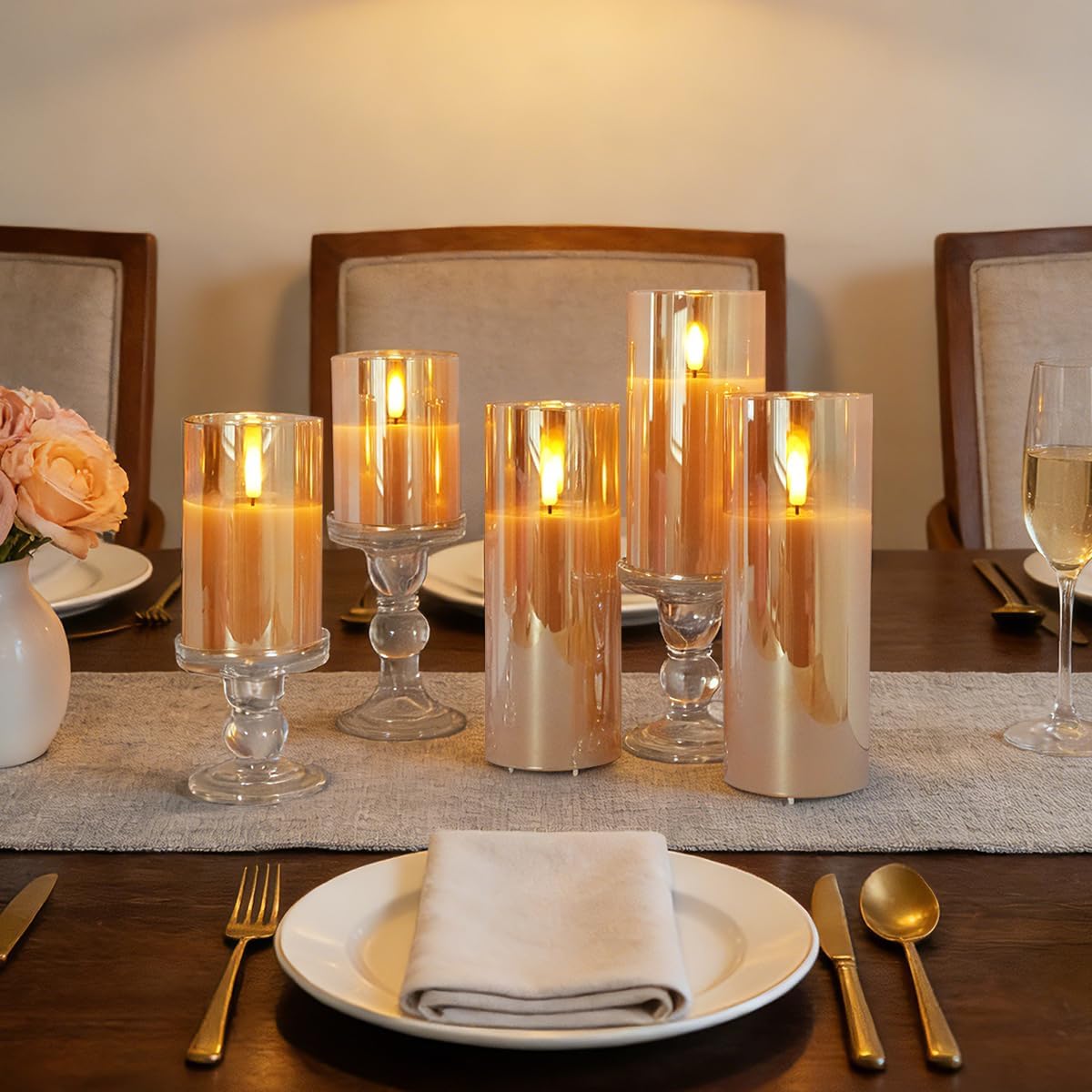 LEDHOLYT Rechargeable Flameless Glass Pillar Candles–Gifts for Women,–Set of 3, Realistic Flickering LED Flame,Remote & Timer, Ideal for Living Room, Bedroom & Halloween Festival Home Party Decor