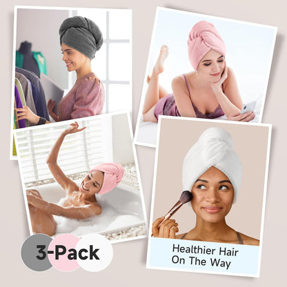 Umisleep 2 Pack Microfiber Hair Towel Wrap for Women, 400 GSM Thick & Soft Hair Drying Towels, Super Absorbent Hair Turban with Button Loop for Curly, Wavy & Wet Hair (Grey, White)