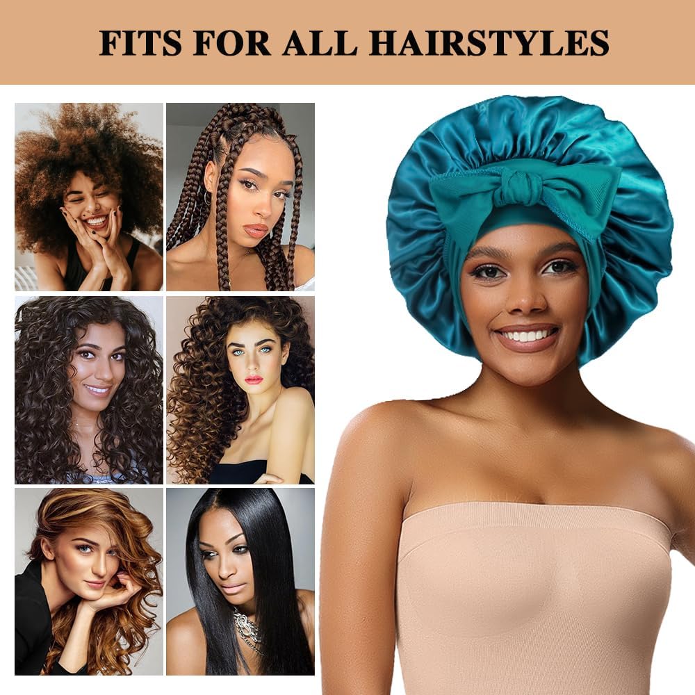 2+3 Large Satin Bonnets with Scrunchies for Women, Hair Bonnet Sleeping Tie Bonnet for Braids Curly Hair