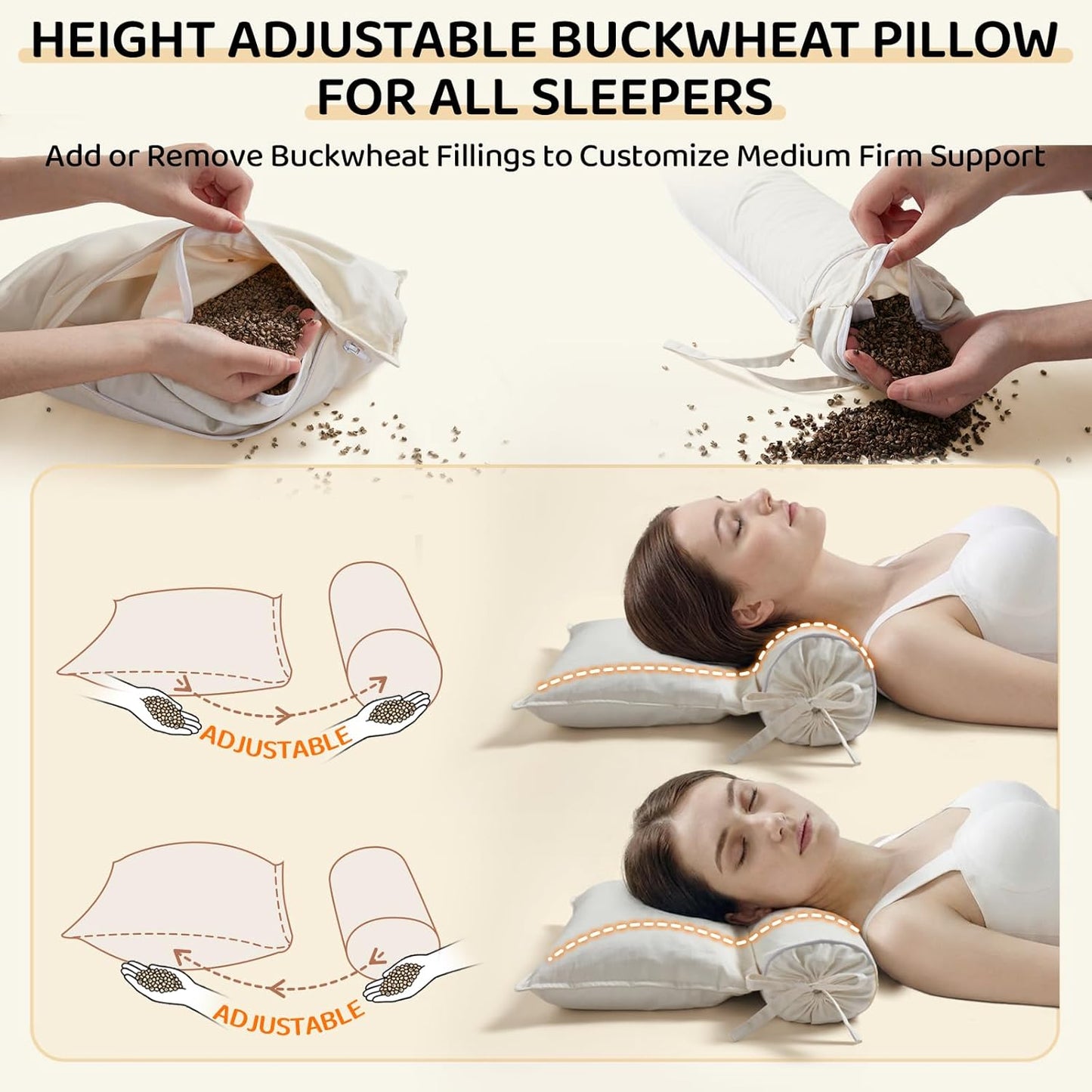 LOFE® Buckwheat Pillow - 3 Point Support Buckwheat Hull Pillow for Less Pain, 2IN1 Tartary Buckwheat Neck Roll Pillow for Best Support, Adjustable Cervical Neck Pillow with Organic Cotton Pillowcase