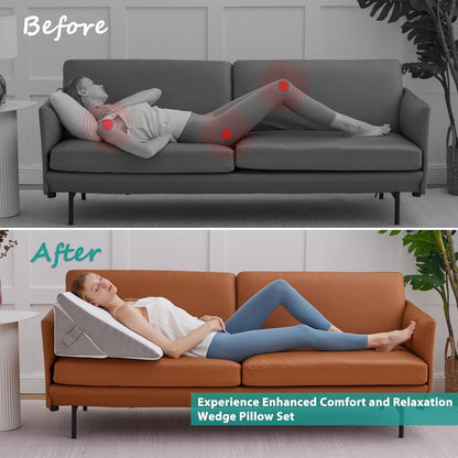 Bedluxe Wedge Pillow Headboard, 3PCS Orthopedic Bed Wedge Pillows Set for After Surgery, Adjustable Pillow Wedge for Acid Reflux&Back Pain Relief, Sleeping, Back Pillow for Bed Sitting Up, White/Grey