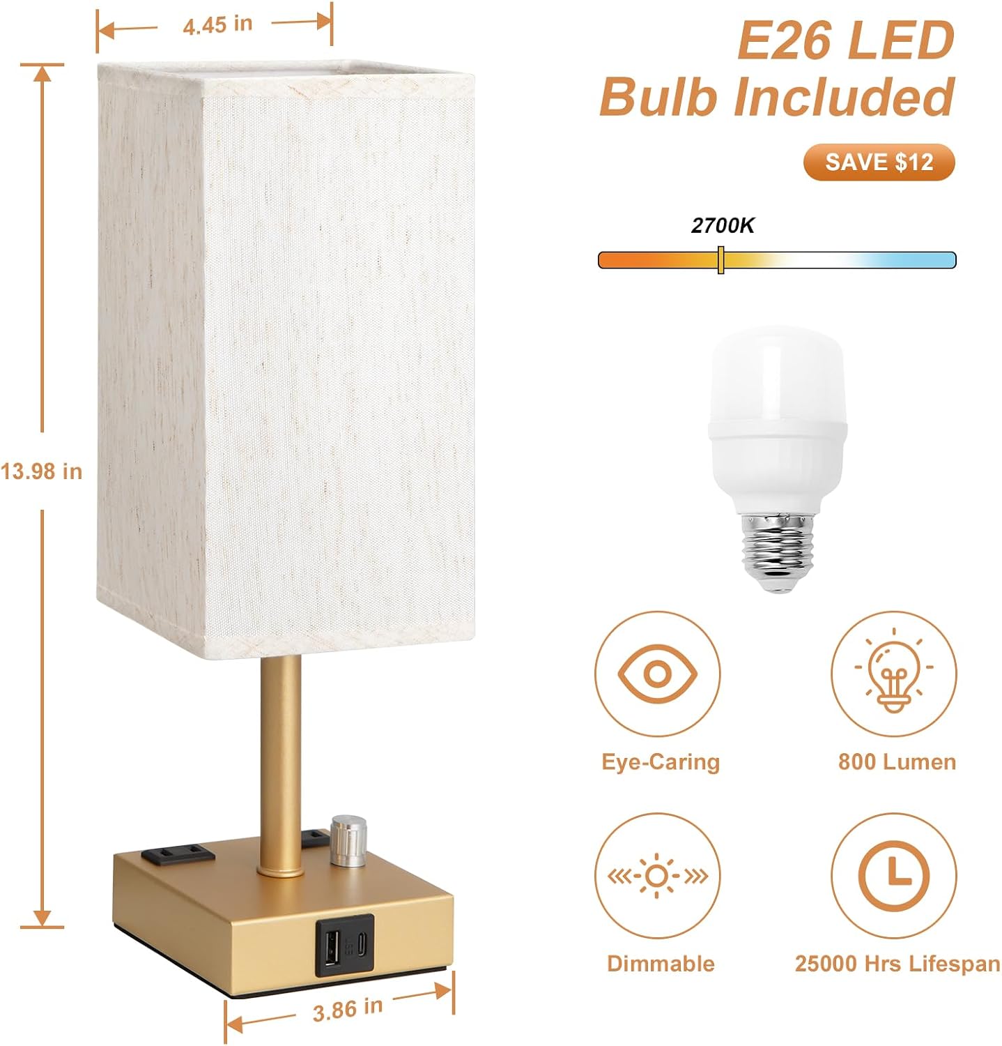 Bedside Table Lamps Set of 2 for Bedroom - Dimmable, USB C+A, 2 AC Outlets