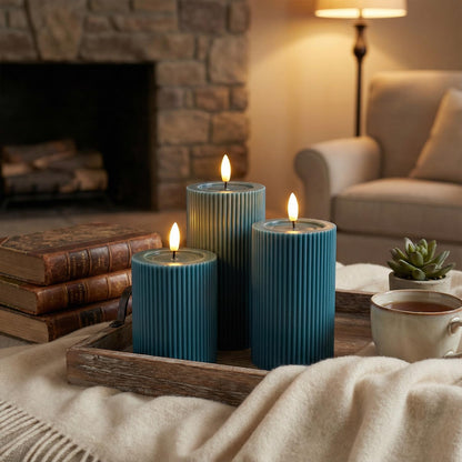 Ribbed Fluted Real Wax Flameless LED Pillar Candles, Loden Sage Olive Green, Melted-Wax Top Look, Flickering Flame, Battery Operated, Remote & Timer, Shelf & Wedding Decor (Set of 3)