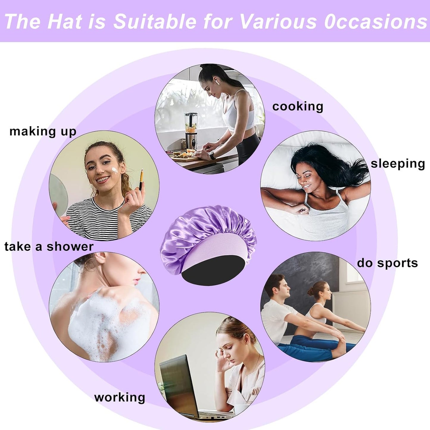 4Pcs Silk Satin Bonnets for Sleeping - Elastic Wide Band Wrap for Black Women Men,Silk Bonnets for Curly Hair,Large Hair Cap for Sleeping (Black+Wine Red+Purple+Brown)
