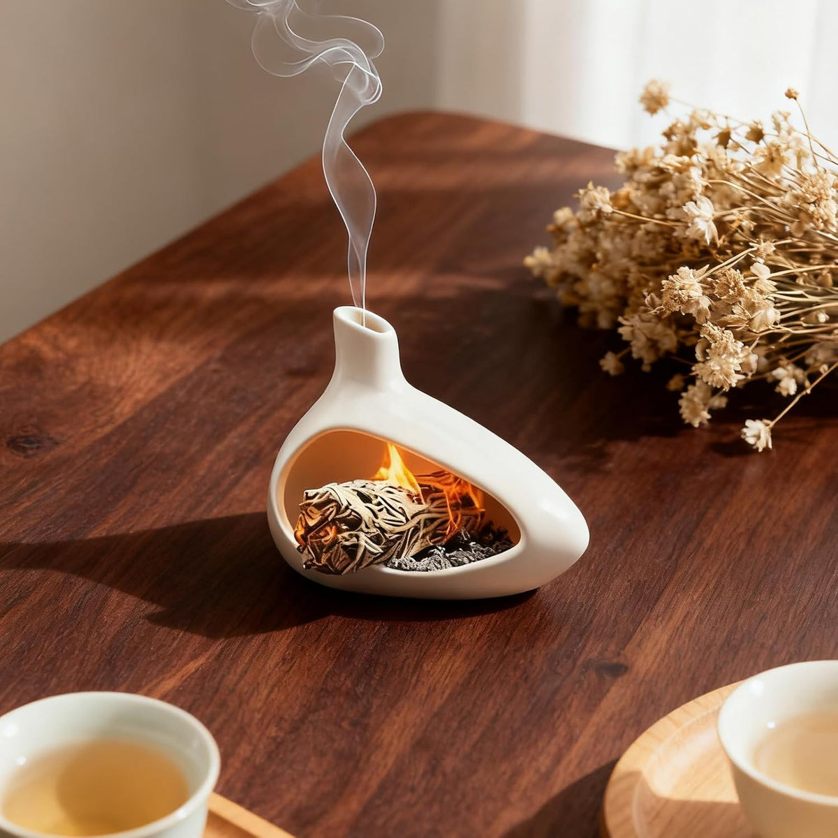 Palo Santo Holder, Ceramic Incense Burner for Sticks Sage Holders Cone Burning Smudge Bowl with Ash Brush for Meditation Yoga Spa Room Decor (White)
