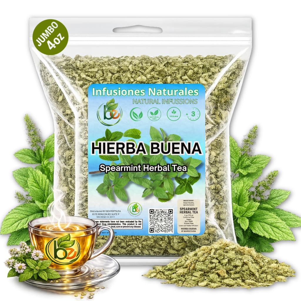 Spearmint Herbal Tea (Hierba, Yerba-Buena) - 4 oz (113g) - Authentic 100% Natural Dried Mentha Spicata Leaves - Caffeine-Free, Vegan & Non-GMO - Premium Loose Leaf - by BEXPERTSUSA