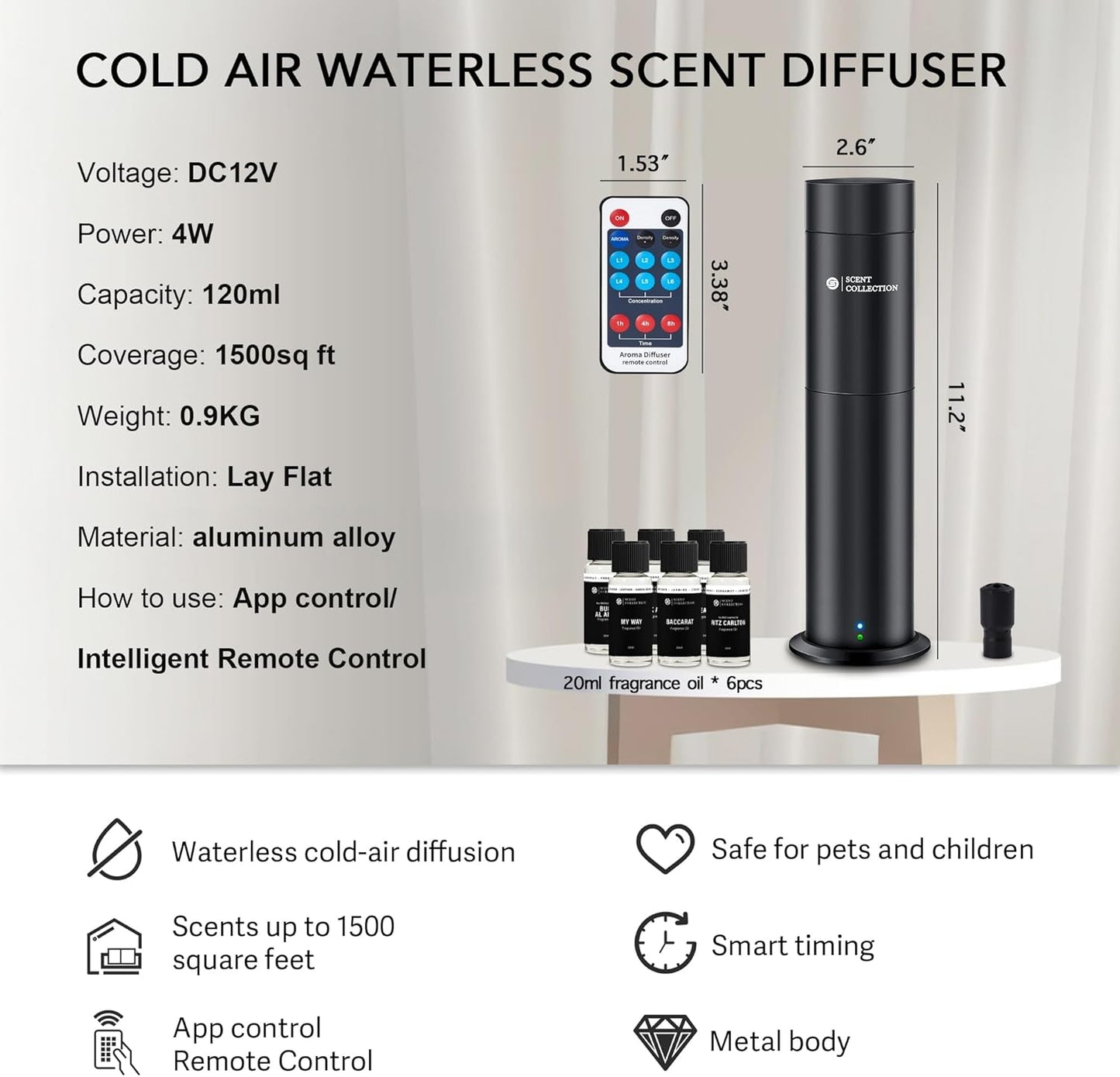 Hotel Waterless Scent Diffuser with 6 Fragrance Oils Covers up to 700 Sq Ft | Cold air scent diffuser with APP control, 6 fragrance oils, open bottle design, quiet operation, and 700 sq ft coverage.