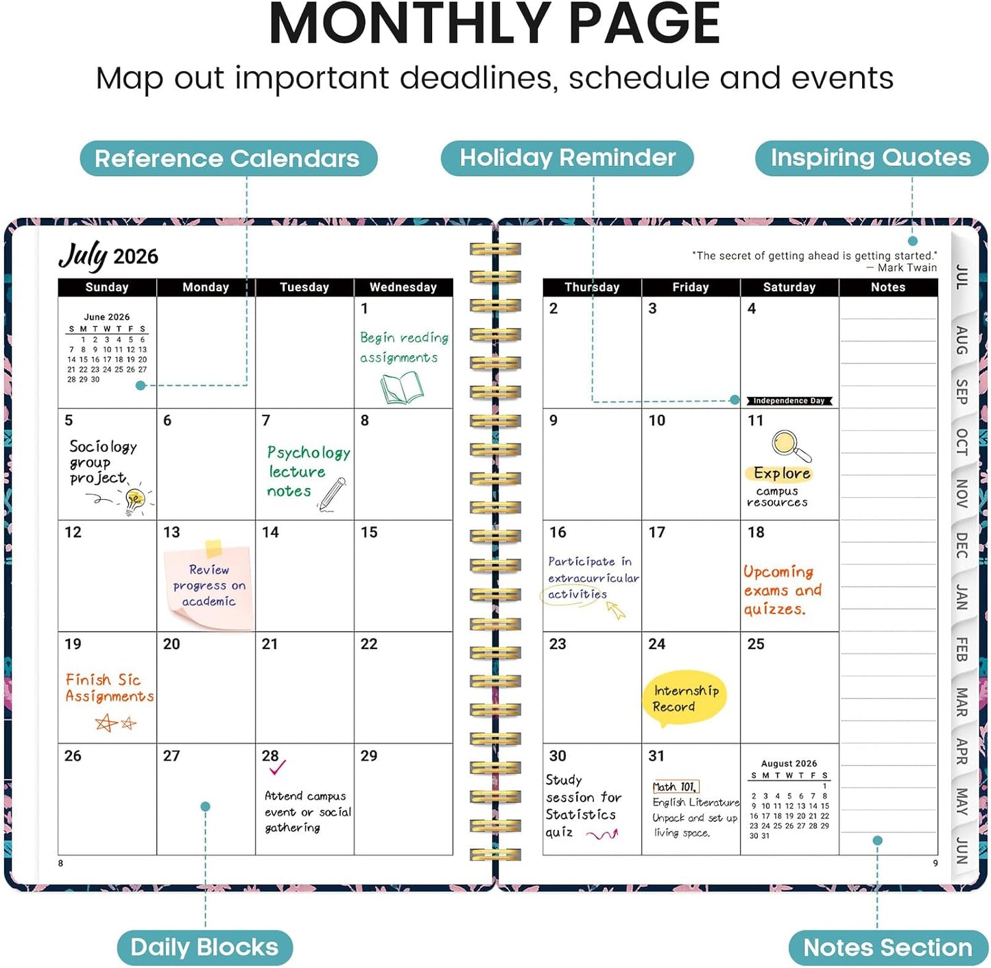 Planner 2026-2027, Academic Monthly and Weekly Calendar Planner for Women, July 2026 - June 2027, Hardcover Pretty Agenda Planner Book with Tabs, Spiral Daily Organizer for School Office Home Supplies, 6.3" x 8.5" - Blue Floral