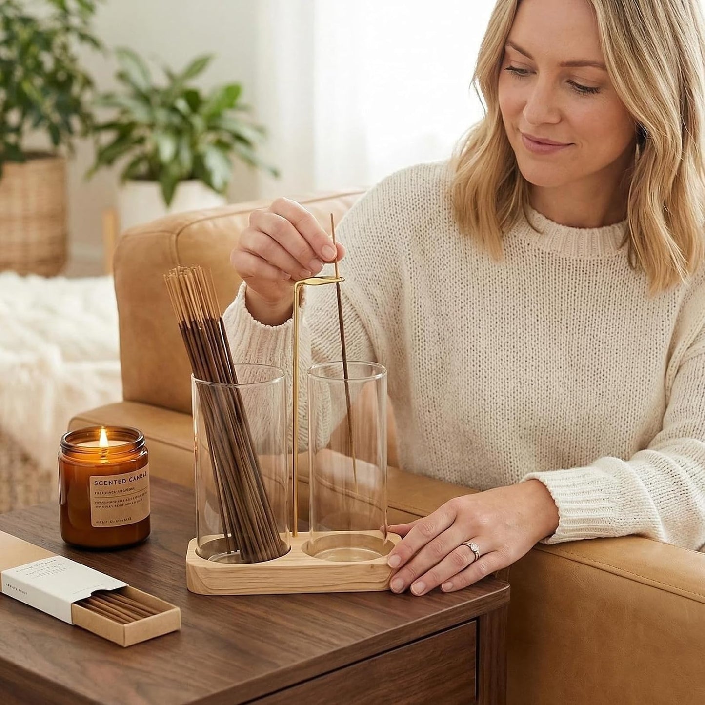 Incense Holder,Wooden Incense Holder for Sticks with 20 Incense Sticks, Anti-ash Incense Burner with Glass Ash Catcher for Meditation Yoga Spa Gift Home Decor