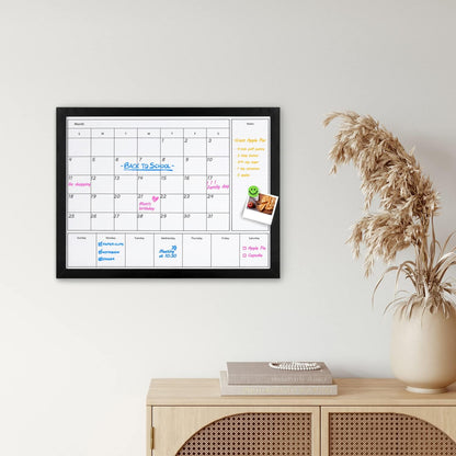 3-in-1 Dry Erase Calendar for Wall, Magnetic Surface Calendar Whiteboard | 17x13 inches Monthly & Weekly Planner Whiteboard, Dry Erase Board with Black Wood Frame, Magnetic Calendar for Classroom