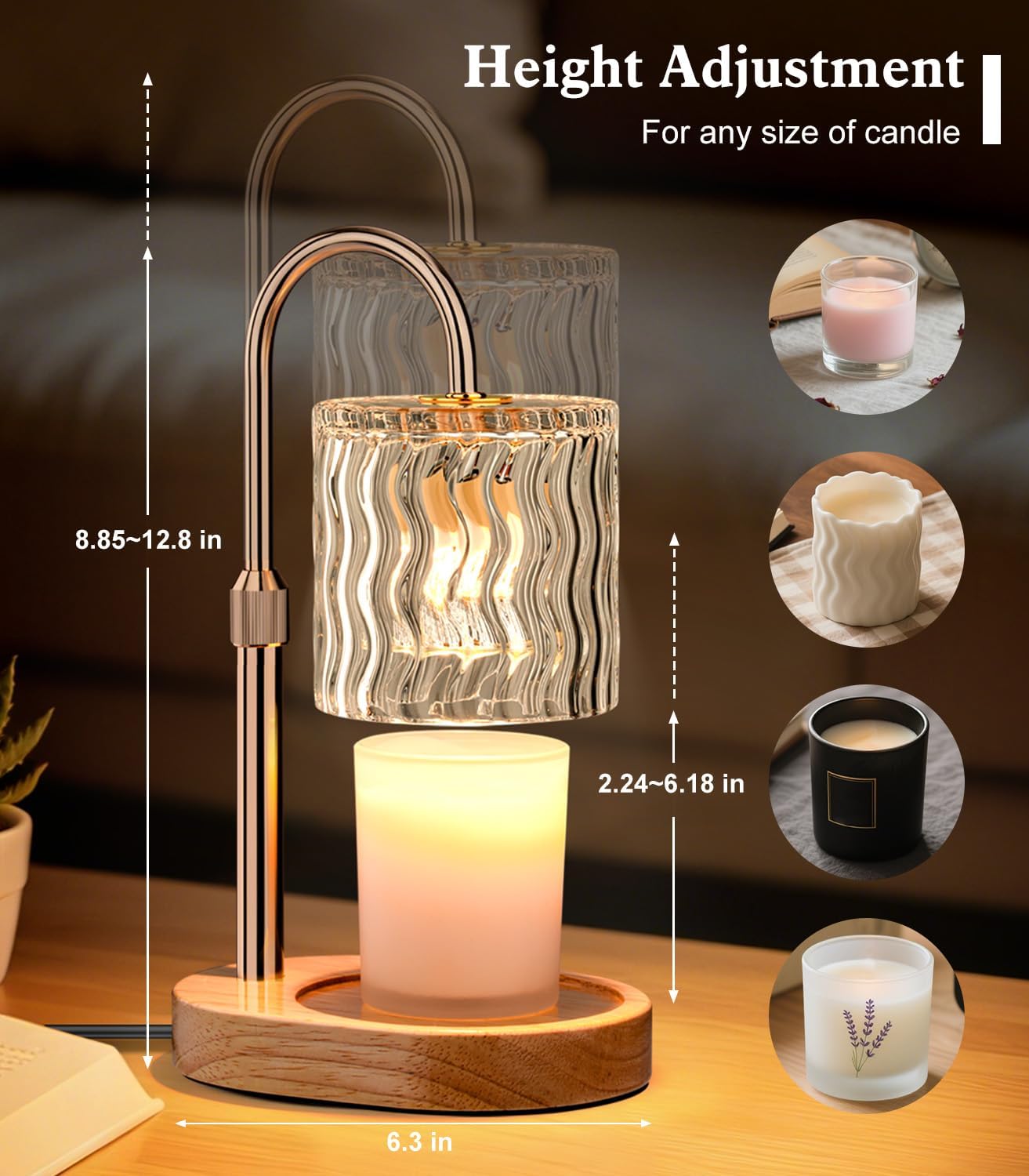 Candle Warmer Lamp Electric Timer: Dimmable Candles Warming Lamps - Height Adjustable Burner Jar - No Flame Scented Melts Wax - All Candle Jars Home Decor Table Light