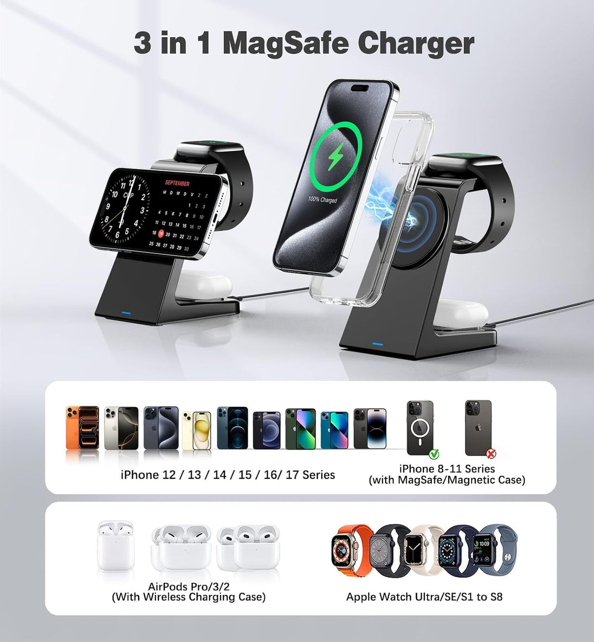 3 in 1 Magnetic Wireless Charging Station Apple 20W Charger Stand Magnetic Wireless Charger for iPhone 16 15 14 13 12 Pro/Pro Max/Plus/Mini AirPods 2/3/Pro iWatch Ultra/8/7/SE/6/5/4/3/2 (3 in 1)
