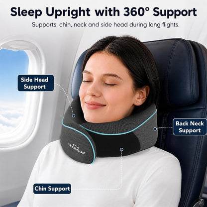 Travel Pillow Neck Pillow for Airplane Travel Essentials - Memory Foam Travel Neck Pillow, Stops Head Bobbing With Eye Mask & Earplugs, Portable Carry Bag for Long Flights| Airplane Accessories Black