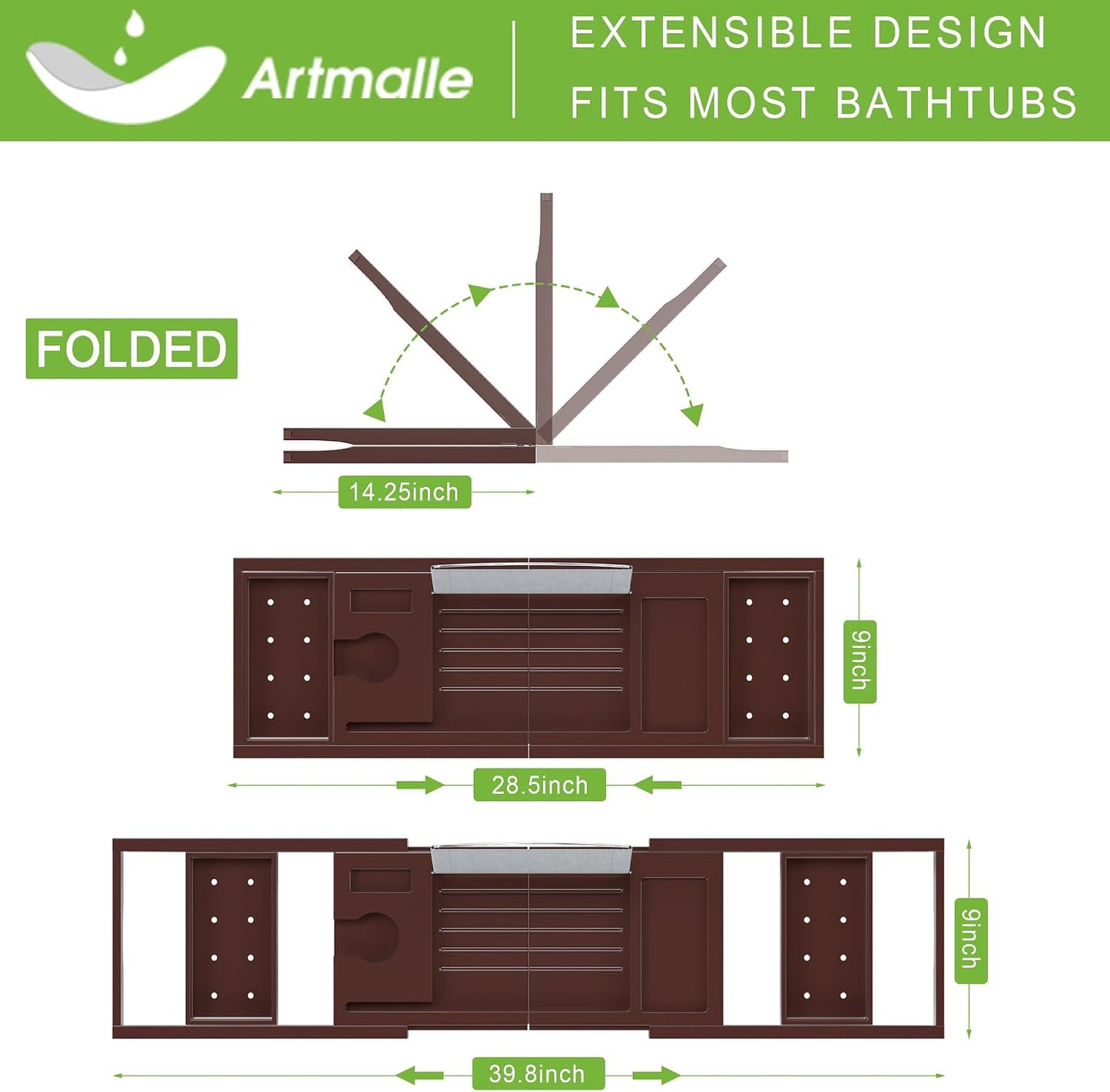 Artmalle Luxury Bathtub Caddy Tray for Tub - Foldable Bamboo Bath Table Tray with Book and Wine Glass Holder, Expandable Bathroom Accessories for Spa or Reading Lite Style