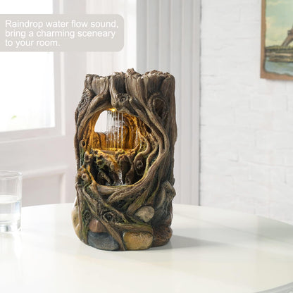 GOSSI Indoor Water Fountain Stump Rain Drop Meditation Desk Fountain Artistic Relaxation Waterfall for Home and Office Decor (22013)