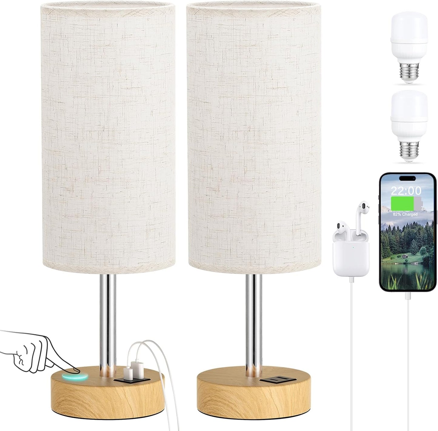 Dicoool Touch Bedside Table Lamp with USB - 3 Way Dimmable Wood Lamp for Bedroom Nightstand, Desk Lamp with Charging Station for Dorm, Living Room, Office, Kids Room, Small, 14in