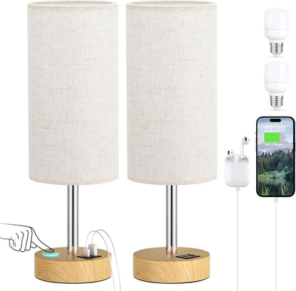Dicoool Touch Bedside Table Lamp with USB - 3 Way Dimmable Wood Lamp for Bedroom Nightstand, Desk Lamp with Charging Station for Dorm, Living Room, Office, Kids Room, Small, 14in