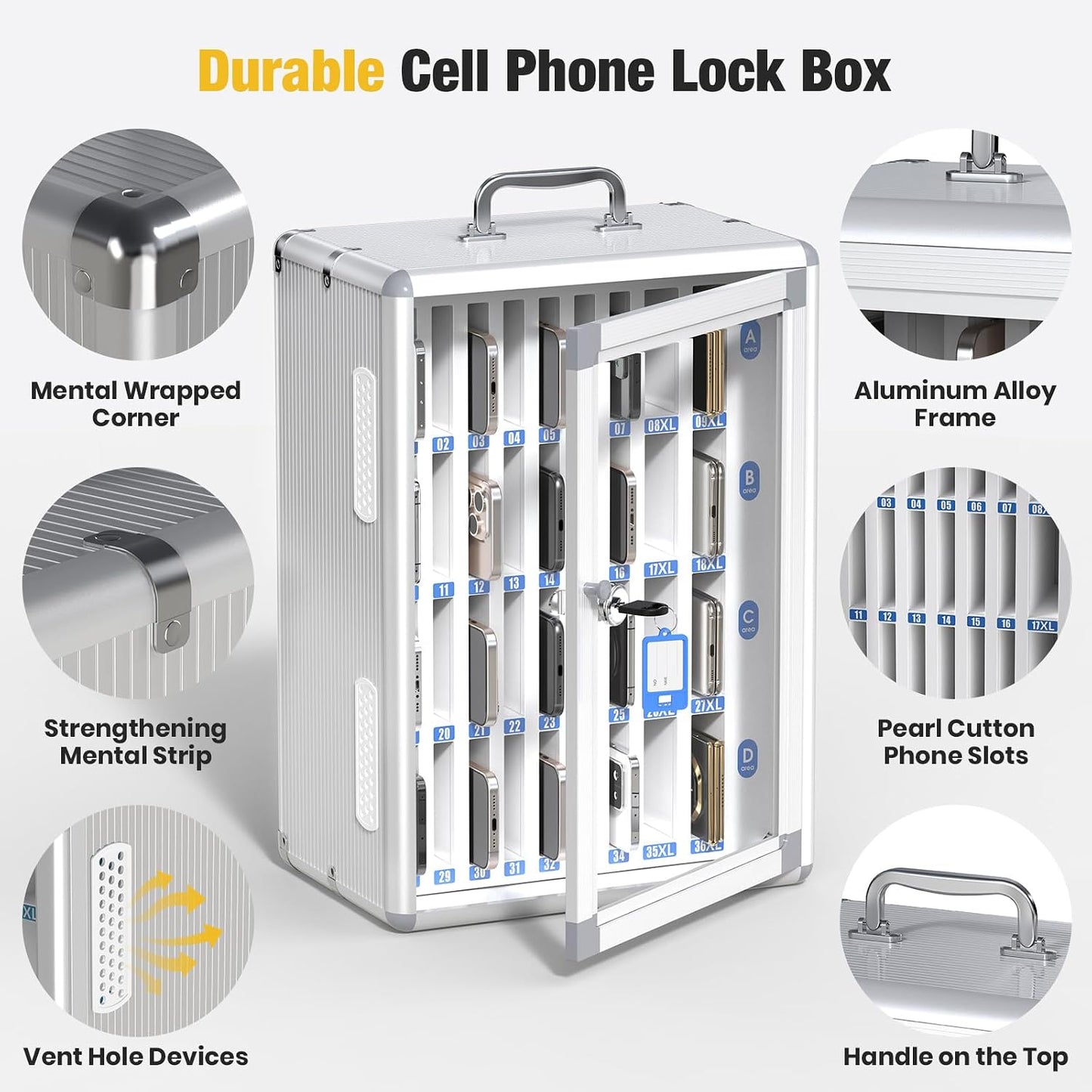 Glosen 24 Slots Cell Phone Locker, Portable Phone Storage Cabinet [Wall Mounted] [Aluminum Alloy] Cellphone Lock Box with Key & Handle for School Classroom Office Exam (Black)