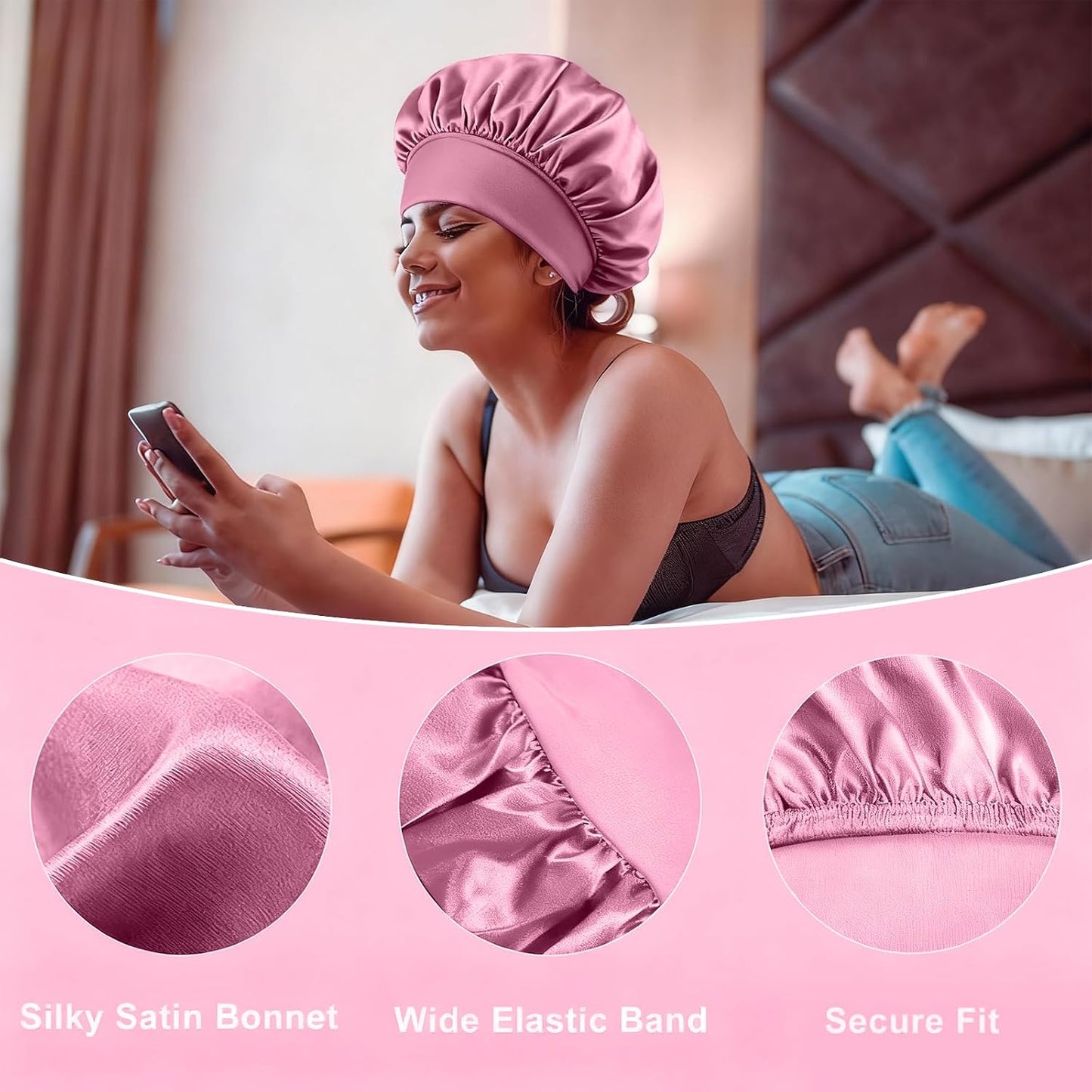 4Pcs Silk Satin Bonnets for Sleeping - Elastic Wide Band Wrap for Black Women Men,Silk Bonnets for Curly Hair,Large Hair Cap for Sleeping (Black+Wine Red+Purple+Brown)