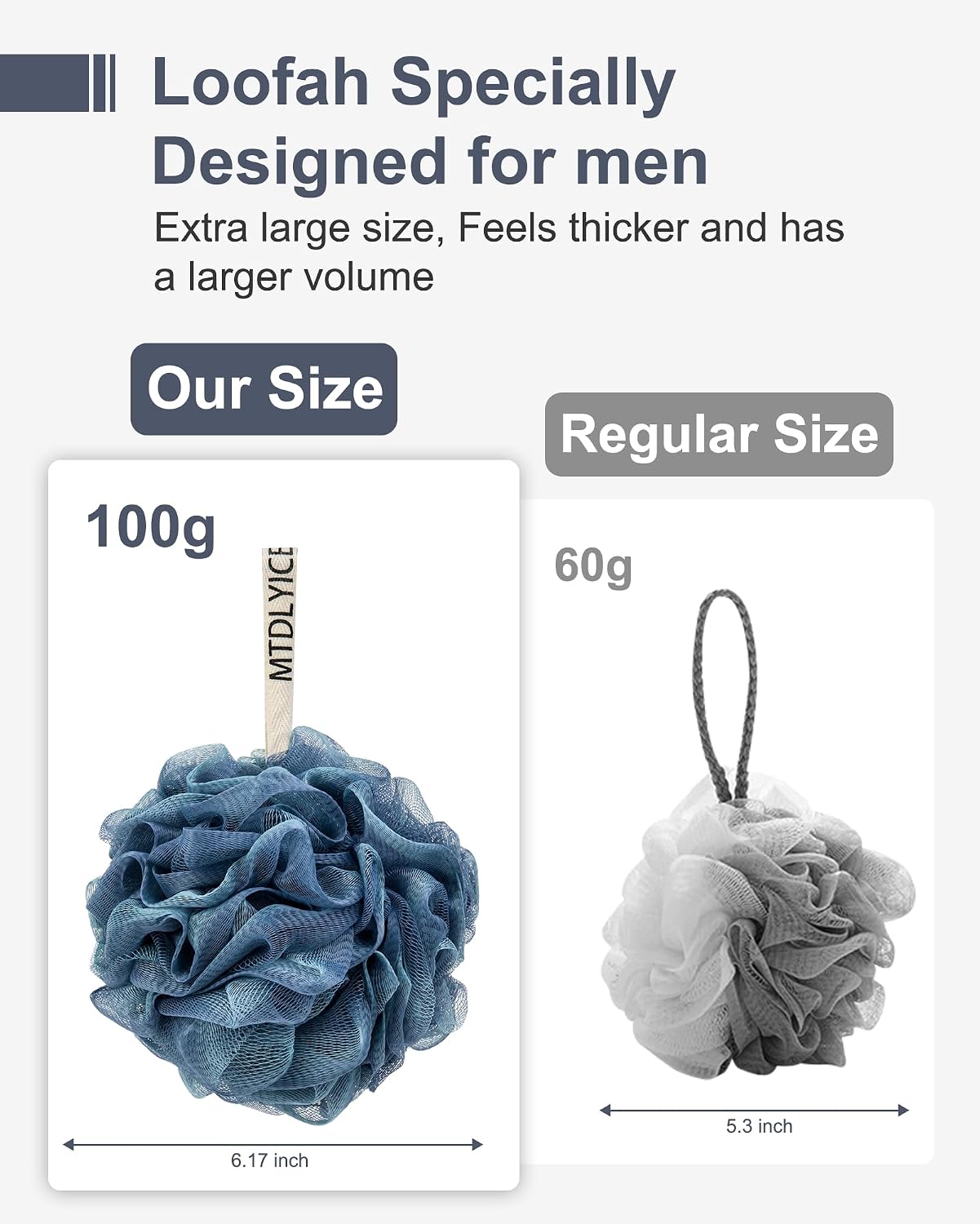 MTDLYICE Loofah Sponge, XXL Large Loofah 100g 4 Pack, Bath Sponge Soft Mesh Shower Loofah for Men, Body Scrub, Shower Pouf Bath Accessories, for Body Wash, Soap (Blue Gray)