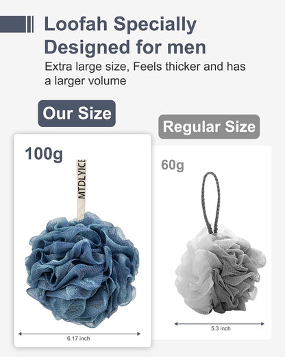 MTDLYICE Loofah Sponge, XXL Large Loofah 100g 4 Pack, Bath Sponge Soft Mesh Shower Loofah for Men, Body Scrub, Shower Pouf Bath Accessories, for Body Wash, Soap (Blue Gray)