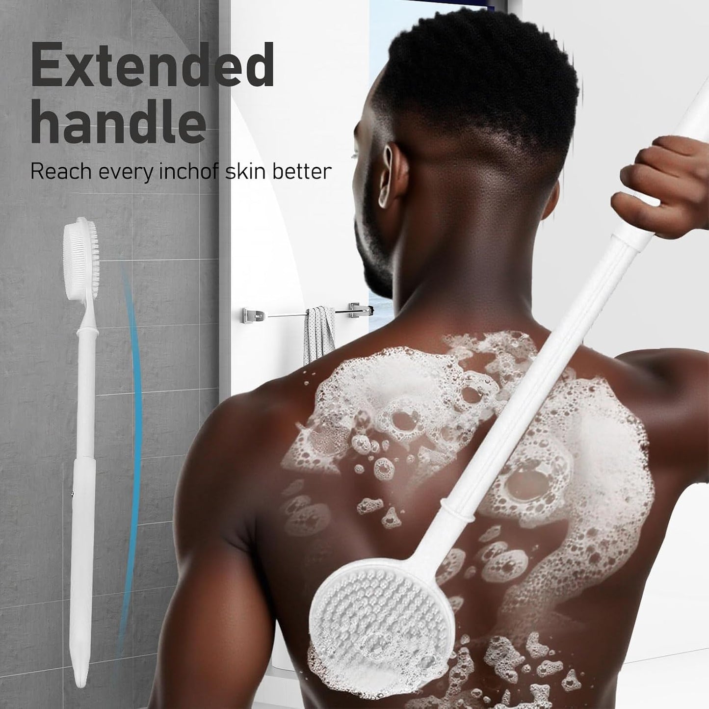 OZNER 24 Inches Silicone Back Scrubber for Shower - Extendable Long Handle Shower Brush with Dual-Sided Bristles - Exfoliating Body Scrubber for Sensitive Skin - Perfect for Men & Women (Black)