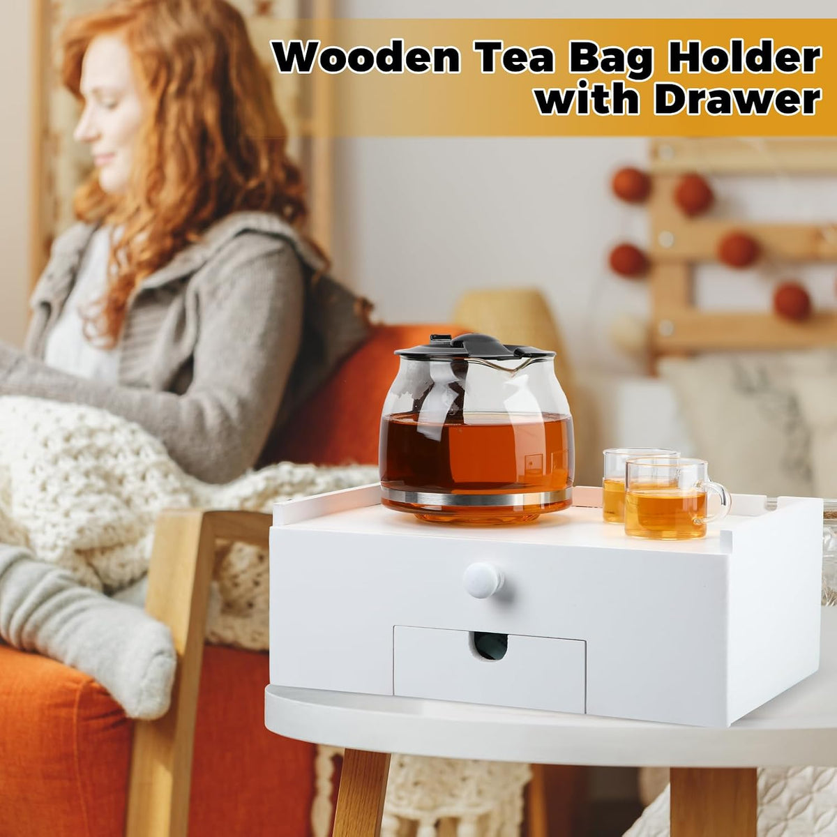 Cinnvoice Tea Bag Organizer Wooden Tea Storage Box, Black