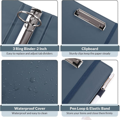 SKYDUE 3 Ring Binder with Clipboard, 13.2" × 10.2" Faux Leather 1 Inch Binder Organizer with 5 Pocket Dividers, Notepad, Labels & 2 Storage Pockets for Teachers, Students, Nurses & Office Work