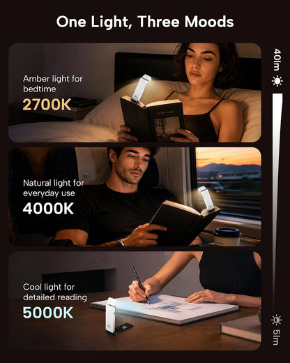 86lux Book Light, Rechargeable Clip-On LED Reading Light for Bed & Night Use - 3 Color Temperatures with Stepless Dimming, Ultralight Bookmark Design for Book Lovers, Grey