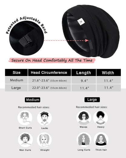 YANIBEST Hair Cover Bonnet Satin Sleep Cap - Adjustable Stay on Silk Lined Slouchy Beanie for Night Sleeping Surgical Hats Pure Black
