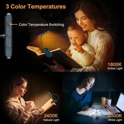 Gritin Rechargeable Book Light for Reading in Bed with 19 LED | Eye Caring 3 Color Temps,5 Brightness Levels,Memory Function,90 Hrs Runtime Flexible Goose Neck Clip on Light for Book Lovers