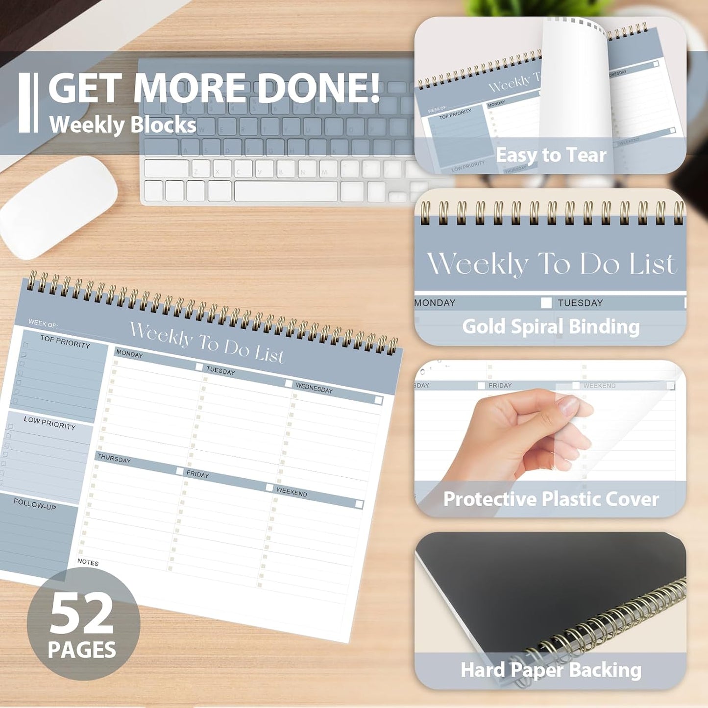 Weekly To Do List Notepad, Undated Planner with 52 Sheets (8.5''x11'') | Desk Accessories and Supplies, Women & Man, Home School & Work