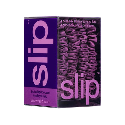 Slip Silk Hair Ties — Skinny Silk Black Scrunchies, No Damage, No Crease, Anti-Breakage |100% Mulberry Silk | All Hair Types | Made with Proprietary Slipsilk™ | Set of 4